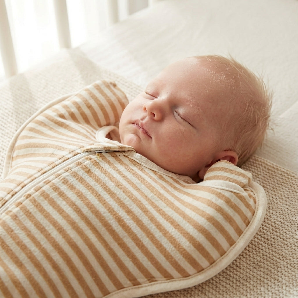 Newborn's face with arms up in CradleUp Organic Brown swaddle wings