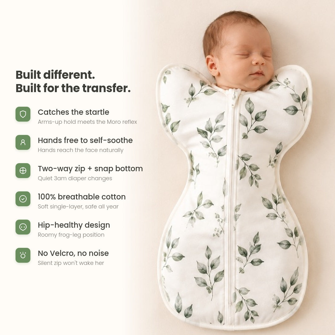 CradleUp features: catches the startle, hands free, two-way zip, breathable cotton, hip-healthy