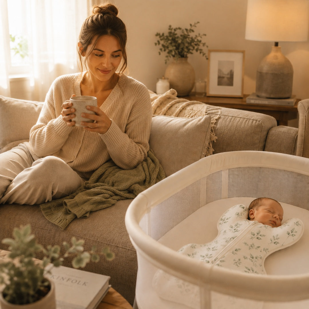 Rested mother with coffee while baby sleeps in the CradleUp swaddle nearby