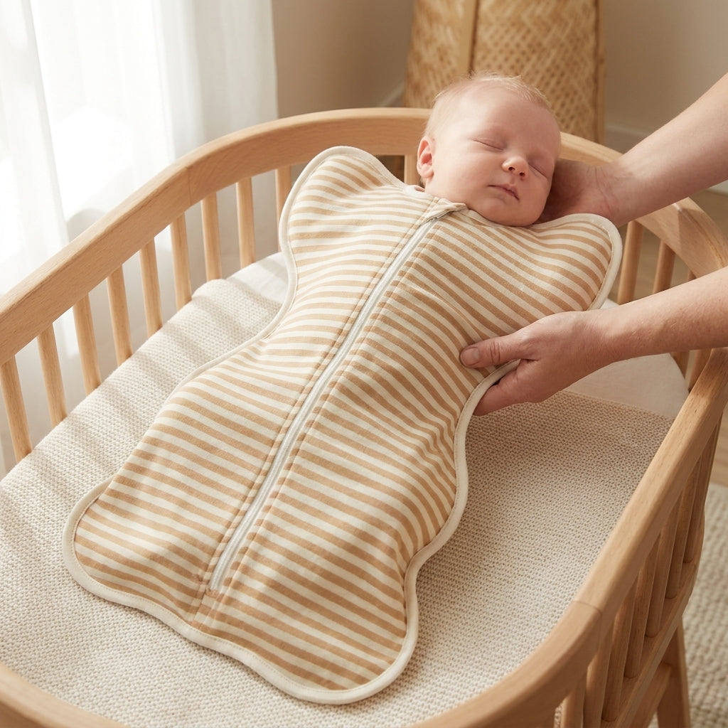 Parent lowering baby in the CradleUp Organic Brown swaddle into a bassinet