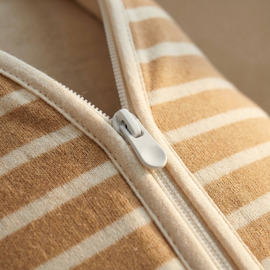 Close-up of zipper and Organic Brown striped cotton fabric