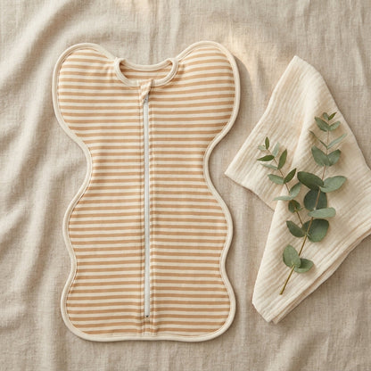 CradleUp swaddle flat lay, Organic Brown tan-and-cream stripe