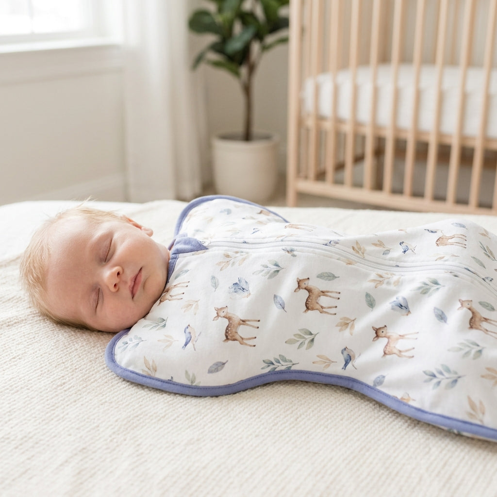 Newborn asleep in the CradleUp arms-up swaddle, Cute Deer Forest print