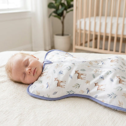 Newborn asleep in the CradleUp arms-up swaddle, Cute Deer Forest print