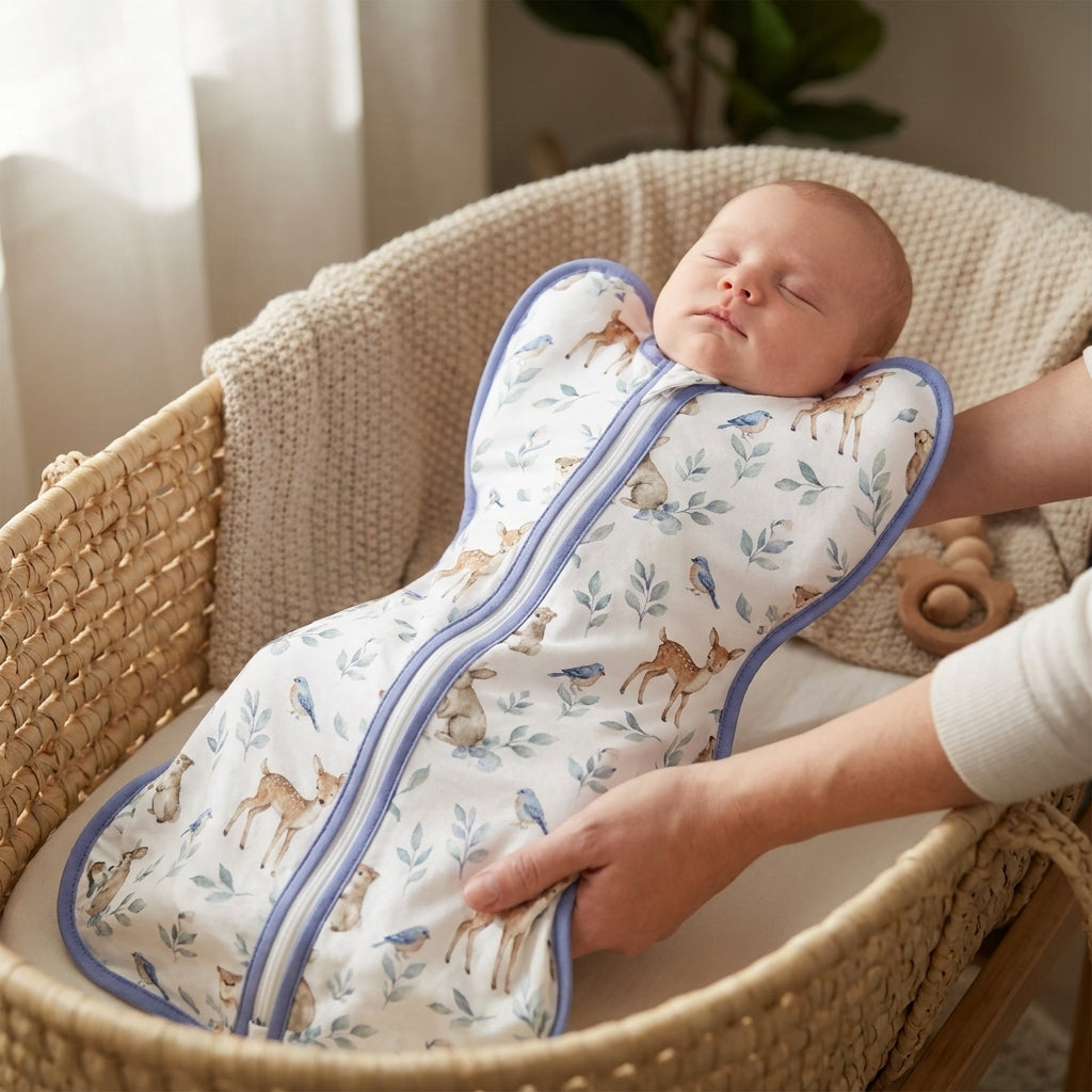 Parent lowering baby in the CradleUp Deer Forest swaddle into a bassinet
