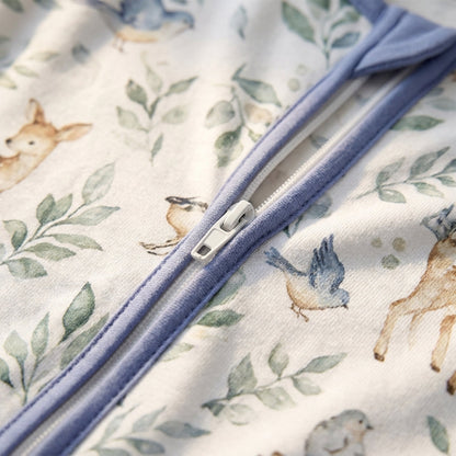 Close-up of zipper and Deer Forest cotton fabric
