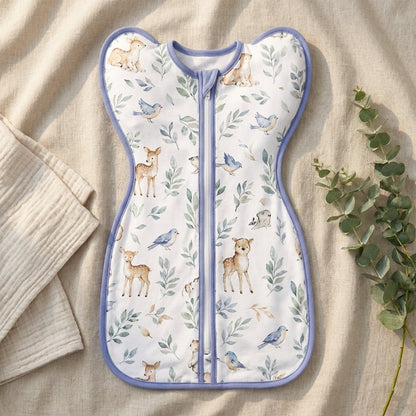 CradleUp swaddle flat lay, Deer Forest print with periwinkle binding