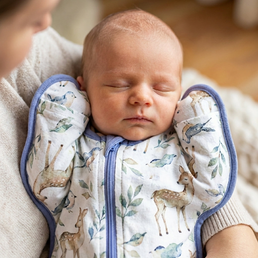 Newborn's face with arms up in CradleUp Deer Forest swaddle wings