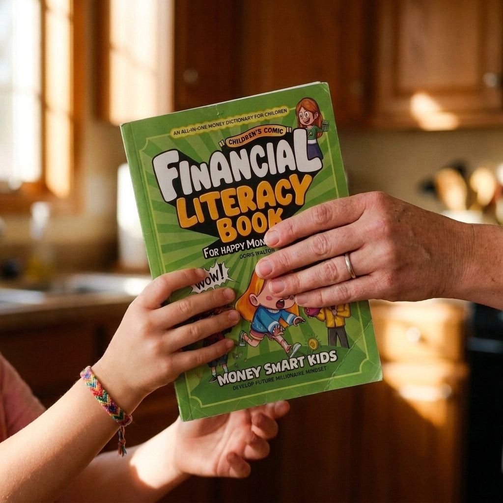 Parent handing financial literacy book to child