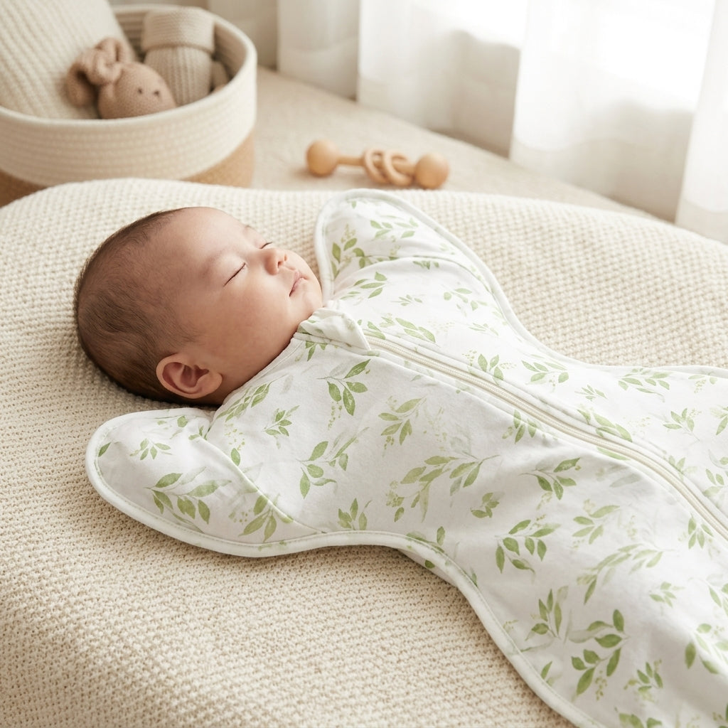 Parent lowering a sleeping baby in the CradleUp swaddle into a bassinet