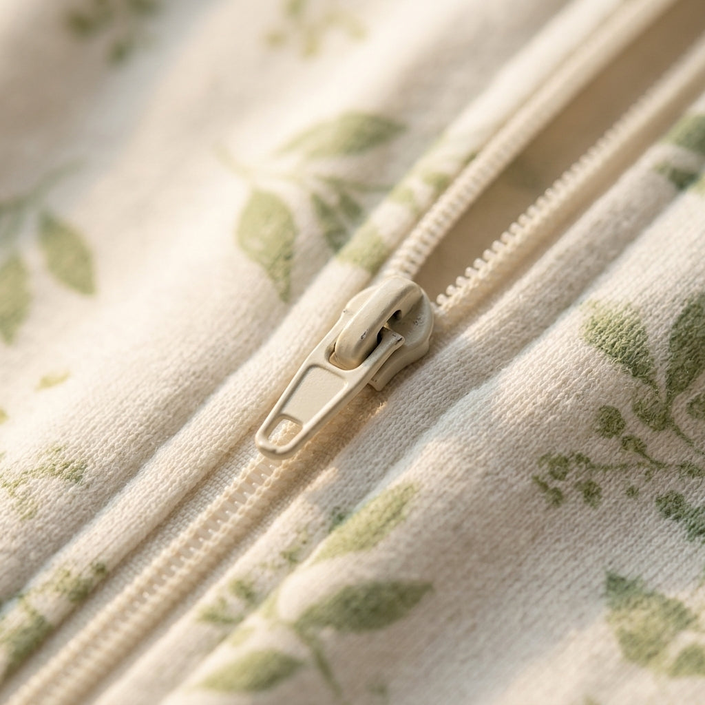 Close-up of the CradleUp swaddle's smooth two-way zipper and green leaf cotton fabric