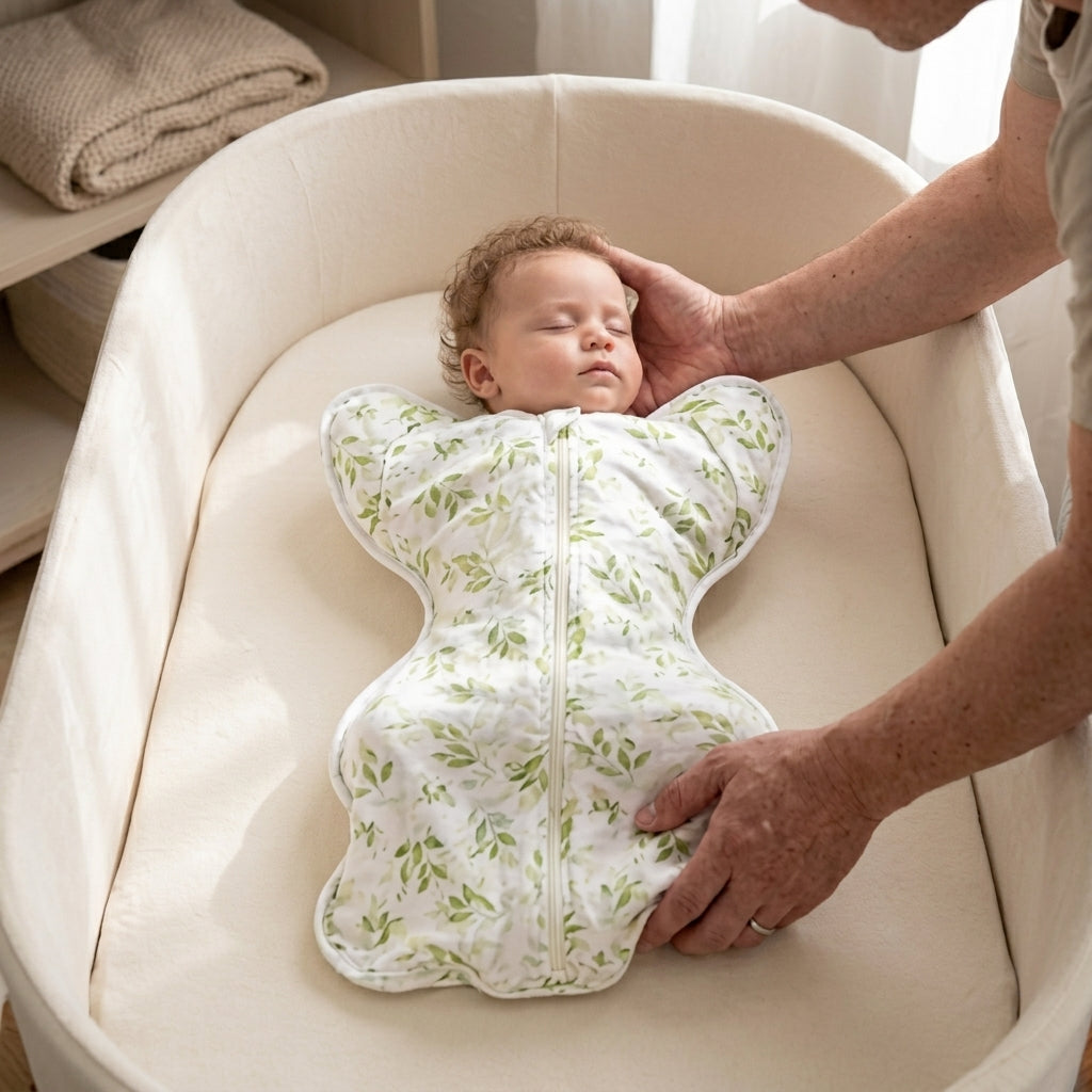CradleUp arms-up swaddle sack laid flat showing wing pockets and full-length zipper, green leaf print