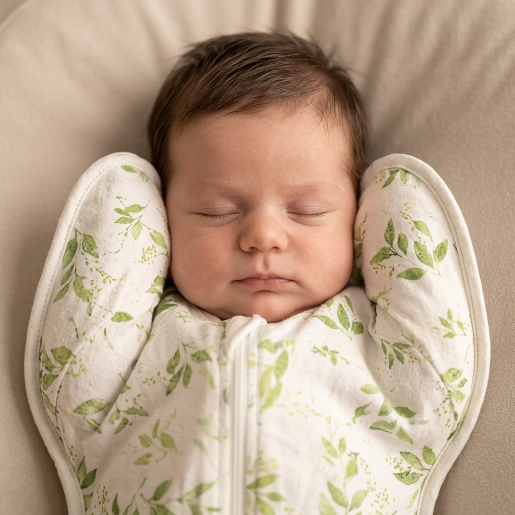 Close-up of a calm newborn's face with arms up in the CradleUp swaddle wings