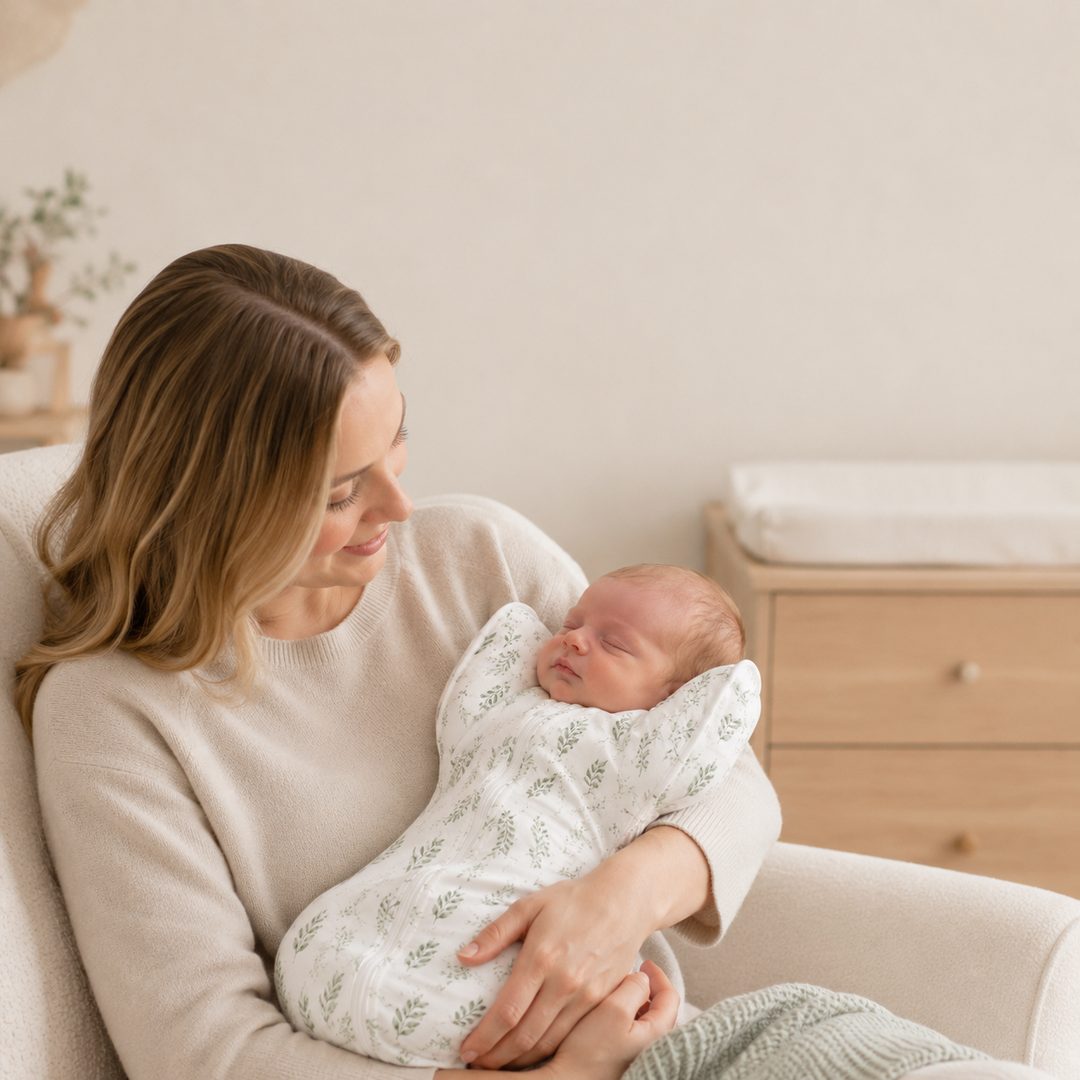 Rested mother cradling her calm newborn in the CradleUp arms-up swaddle