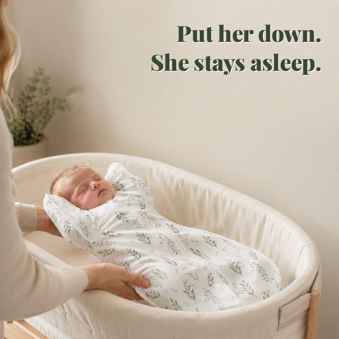 Parent lowering a sleeping baby in the CradleUp arms-up swaddle into a bassinet — put her down and she stays asleep