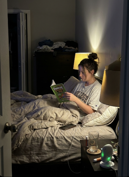 Parent reading the economics book at night