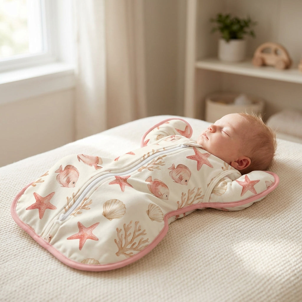 Newborn asleep in the CradleUp arms-up swaddle, Underwater World print