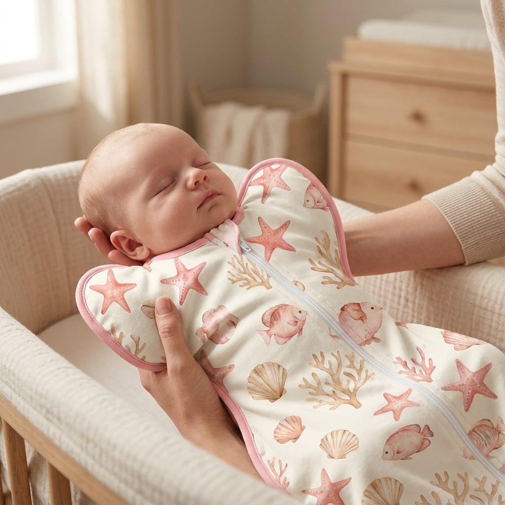Parent lowering baby in the CradleUp Underwater swaddle into a bassinet