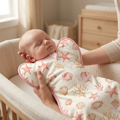 Parent lowering baby in the CradleUp Underwater swaddle into a bassinet