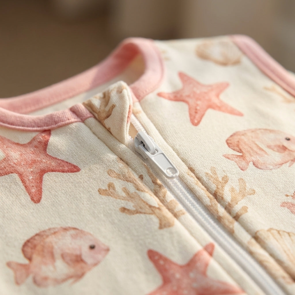 Close-up of zipper and Underwater World cotton fabric