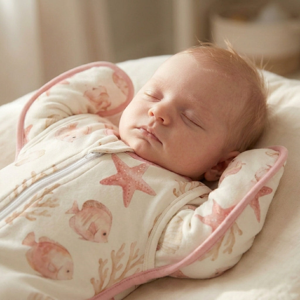 Newborn's face with arms up in CradleUp Underwater swaddle wings