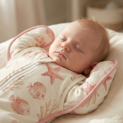 Newborn's face with arms up in CradleUp Underwater swaddle wings
